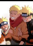  bandaged_arm bandages blonde_hair blue_eyes closed_eyes forehead_protector grin kurohane multiple_persona naruto naruto:_the_last naruto_shippuuden scarf short_hair smile time_paradox uzumaki_naruto 