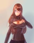  1girl blue_eyes bow_(bhp) breasts brown_hair cleavage cleavage_cutout glasses highres large_breasts lips long_hair open-chest_sweater original ribbed_sweater solo sweater turtleneck 