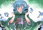  1girl animal_ears blue_eyes blue_hair blush breasts commentary_request fish hammer_(sunset_beach) head_fins japanese_clothes kimono large_breasts long_sleeves mermaid monster_girl obi open_mouth sash short_hair solo touhou wakasagihime water wide_sleeves 