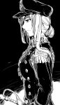  female_admiral_(kantai_collection) hat highres kantai_collection long_hair maruse_nisanosuke military military_uniform monochrome naval_uniform sword uniform weapon 