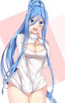  &gt;:o 1girl :o aoki_hagane_no_arpeggio blue_eyes blue_hair blush breasts cleavage cleavage_cutout covering covering_crotch hair_between_eyes highres long_hair looking_at_viewer luzi mole open-chest_sweater ponytail ribbed_sweater solo sweater takao_(aoki_hagane_no_arpeggio) 