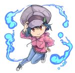  1girl black_hair blush_stickers breasts burakkori cabbie_hat chibi denim full_body hand_on_hip hat highres hitodama hoodie jeans okita_riona pants puzzle_&amp;_dragons red_eyes shoes short_hair sneakers solo 