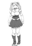  1girl boots breasts full_body greyscale gundam gundam_build_fighters gundam_build_fighters_try kasuga_shun large_breasts long_hair monochrome pantyhose sazaki_kaoruko skirt smile solo twintails twitter_username 