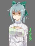 1girl bangs blunt_bangs bow breast_conscious breast_padding bust cleavage_cutout expressionless food fruit grey_background hair_bow kantai_collection looking_at_viewer melon open-chest_sweater ponytail ribbed_sweater shaded_face simple_background solo sweater taiki_(ozone) translated turtleneck yellow_eyes yuubari_(kantai_collection) 