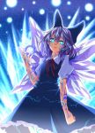  1girl blue_eyes bow cirno hair_bow hair_ribbon ice ice_wings looking_at_viewer m.u.g.e.n ribbon rion_(glayjirobass) short_hair silver_hair solo touhou wings 