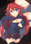  1girl aty_(summon_night) belt black_legwear blue_eyes blush breasts cleavage cleavage_cutout cleavage_reach cowboy_shot hand_on_ass kurogane_(artist) leaning_forward long_hair looking_at_viewer open-chest_sweater redhead ribbed_sweater solo summon_night summon_night_3 sweater sweater_dress thigh-highs very_long_hair wavy_mouth zoom_layer 