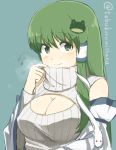  1girl adapted_costume breasts bust cleavage cleavage_cutout detached_sleeves flying_sweatdrops frog_print green_eyes green_hair hair_ornament kochiya_sanae large_breasts long_sleeves looking_at_viewer open-chest_sweater ribbed_sweater smile snake_hair_ornament solo sweater tebukuro_withana touhou turtleneck turtleneck_sweater twitter_username wide_sleeves 
