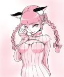  1girl animal_ears bow braid breasts cat_ears cleavage_cutout hair_bow kaenbyou_rin licking long_hair monochrome open-chest_sweater pointy_ears ribbed_sweater sleeves_past_wrists solo sweater teatime_(mike) tongue touhou turtleneck twin_braids 