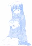 1girl ankle_socks black_legwear bra cleavage_cutout himura_kiseki kantai_collection long_hair monochrome open-chest_sweater oversized_clothes ribbed_sweater simple_background sweater turtleneck underwear ushio_(kantai_collection) white_bra 