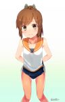  1girl arms_behind_back bare_legs bare_shoulders brown_eyes brown_hair collarbone hair_ornament high_ponytail i-401_(kantai_collection) kantai_collection looking_at_viewer sailor_collar school_swimsuit senbei_(senbe_i) smile solo swimsuit swimsuit_under_clothes twitter_username 