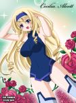  1girl :d artist_name blonde_hair blue_eyes breasts cecilia_alcott character_name dated drill_hair dutch_angle flower hairband infinite_stratos large_breasts leotard lolita_hairband long_hair looking_at_viewer open_mouth rose smile solo the-sinner 