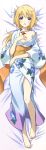  1girl absurdres barefoot bed_sheet blonde_hair breasts charlotte_dunois d: dakimakura highres huge_filesize infinite_stratos japanese_clothes jewelry kimono legs lying necklace off_shoulder open_mouth violet_eyes 