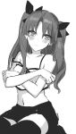  1girl blush bow camisole covering covering_breasts fate/stay_night fate_(series) frown hair_bow highres ichinose_yukino long_hair midriff monochrome navel skirt solo strap_slip thigh-highs tohsaka_rin toosaka_rin twintails zettai_ryouiki 