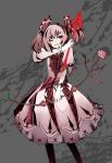 1girl absurdres bow_(weapon) dress flower gloves hair_ribbon hairband hezi_(ajudyjuly) highres kaname_madoka magical_girl mahou_shoujo_madoka_magica pantyhose pink_hair red_eyes remilia_scarlet remilia_scarlet_(cosplay) ribbon rose short_hair smile solo spear_the_gungnir touhou twintails weapon 
