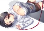  1girl black_hair black_legwear breasts brown_eyes cleavage cleavage_cutout freckles genderswap large_breasts lying marco_bodt on_back open-chest_sweater pencil_skirt red_ribbon ribbed_sweater ribbon shingeki_no_kyojin short_hair skirt solo sweater thigh-highs yukihino_f 