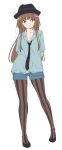  1girl amagami arms_behind_back bangs blunt_bangs brown_eyes brown_hair denim denim_shorts hat kamizaki_risa long_hair necktie pantyhose payot shoes shorts shouji_2 smile solo striped striped_legwear vertical-striped_legwear vertical_stripes 