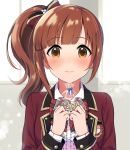  1girl blazer bow brown_hair closed_mouth commentary_request facing_viewer gift hair_bow hands_up highres holding holding_gift idolmaster idolmaster_cinderella_girls igarashi_kyoko jacket long_sleeves looking_at_viewer love_letter_(idolmaster) medium_hair natsuya_(natuya777) red_bow school_uniform side_ponytail solo upper_body valentine yellow_eyes 