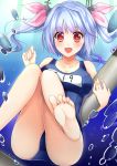  1girl blue_hair breasts bubble hair_ribbon hasu_(velicia) highres i-19_(kantai_collection) kantai_collection long_hair name_tag one-piece_swimsuit open_mouth red_eyes ribbon school_swimsuit smile solo star star-shaped_pupils swimsuit symbol-shaped_pupils torpedo twintails underwater 
