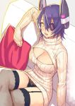  1girl and black_panties blush breasts cleavage cleavage_cutout couch crossed_legs eyepatch garter_straps headgear kantai_collection large_breasts long_sleeves open-chest_sweater open_mouth panties pillow ribbed_sweater short_hair sitting solo sweater tenryuu_(kantai_collection) thigh-highs turtleneck underwear violet_eyes yellow_eyes 