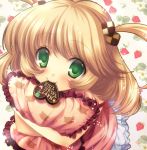  1girl blonde_hair chocolate chocolate_heart cookie food green_eyes hair_ornament happy_valentine heart looking_at_viewer mitsumomo_mamu mouth_hold original pillow pillow_hug short_hair smile solo two_side_up valentine 