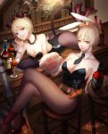  2girls alcohol animal_ears artist_name ass bar bare_arms bare_shoulders blonde_hair bottle breasts brown_eyes bunny_girl bunnysuit carrot cat_ears cat_tail cleavage collar corset crossed_legs cup detached_collar drink feet_up gloves high_heels highres jack_daniel&#039;s kittysuit league_of_legends leotard liuruoyu8888 looking_at_viewer lying multiple_girls necktie pantyhose park_choa parted_lips paw_gloves rabbit_ears real_life riven_(league_of_legends) short_hair sitting smile tail whiskey wine_glass 