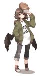  1girl alternate_costume amonitto baseball_cap bird_wings brown_hair casual hand_in_pocket hat hat_removed headwear_removed hooded_jacket jacket jewelry long_sleeves looking_at_viewer necklace open_clothes open_jacket pants pendant red_eyes shameimaru_aya shirt simple_background solo touhou white_background winter_clothes 