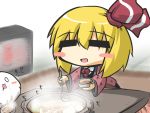  1girl =_= blonde_hair bowl chibi gomasamune hair_ribbon holding kedama kotatsu ladle nabe open_mouth ribbon rumia short_hair smile table touhou 