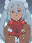  akinbo_(hyouka_fuyou) aqua_hair bust coat face hair_ornament long_hair matoi_(pso2) mittens phantasy_star phantasy_star_online_2 red_eyes scarf smile twintails winter_clothes 