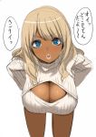  1girl :o blonde_hair blue_eyes breasts cleavage cleavage_cutout dark_skin ganguro hands_on_hips highres kloah large_breasts leaning_forward lips long_hair looking_at_viewer open-chest_sweater open_mouth original ribbed_sweater simple_background sketch solo sweater translated turtleneck white_background 