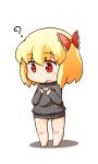  1girl ? blonde_hair bottomless cleavage_cutout commentary fang flat_chest hair_ribbon hands_on_own_chest jinnouchi_akira long_sleeves naked_sweater open-chest_sweater open_mouth red_eyes ribbed_sweater ribbon rumia solo sweater touhou 