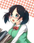  1girl absurdres bespectacled black_hair blue_eyes book bowtie breasts bust flying_sweatdrops glasses hair_ribbon highres kantai_collection looking_at_viewer max_melon_teitoku open_mouth red-framed_glasses ribbon school_uniform semi-rimless_glasses solo souryuu_(kantai_collection) sweater_vest twintails twitter_username 