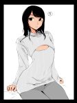  1boy ? bangs black_eyes black_hair border cleavage_cutout long_hair nankinjouto open-chest_sweater original sitting solo sweater sweater_dress swept_bangs trap turtleneck 