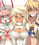  +_+ 1boy 2girls :3 alternate_costume blonde_hair blush breasts cleavage cleavage_cutout closed_eyes clover colored_eyelashes cravat cross dark_skin elphelt_valentine eyepatch four-leaf_clover green_eyes grin guilty_gear guilty_gear_xrd hairband jewelry konno_tohiro large_breasts long_hair looking_at_another meme_attire multiple_girls necklace open-chest_sweater open_mouth orange_hair pink_hair ramlethal_valentine ribbed_sweater short_hair siblings simple_background sin_kiske sisters smile sparkle spikes sweater thumbs_up turtleneck white_background 