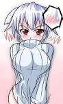 1girl angry animal_ears blush bottomless bouncing_breasts breasts gradient gradient_background inubashiri_momiji large_breasts looking_at_viewer no_hat pullover red_eyes short_hair silver_hair solo spoken_blush tagme touhou tu-kon wolf_ears 