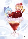  2girls ^_^ ascot blonde_hair blue_hair bow cherry chibi cirno closed_eyes flandre_scarlet food fruit hair_bow hair_ribbon ice ice_wings long_hair luce_(3lil) mob_cap multiple_girls open_mouth parfait pocky ribbon short_hair side_ponytail smile touhou wings |_| 