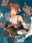  1girl black_legwear blue_eyes brown_hair detached_sleeves headgear hiei_(kantai_collection) kantai_collection machinery nontraditional_miko romshiro short_hair sketch skirt solo turret twitter_username water 