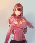  1girl blue_eyes bow_(bhp) breasts brown_hair cleavage cleavage_cutout highres large_breasts lips long_hair open-chest_sweater original ribbed_sweater solo sweater turtleneck 