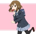  1girl bag black_legwear blazer brown_eyes brown_hair food_in_mouth hair_ornament hairclip hirasawa_yui k-on! mouth_hold pantyhose pleated_skirt running school_bag school_uniform shizupu short_hair skirt solo toast toast_in_mouth 