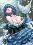  1girl bare_shoulders blue_eyes blue_hair breasts cleavage drill_hair head_fins highres hoshibuchi japanese_clothes kimono mermaid monster_girl short_hair solo touhou twin_drills wakasagihime water 