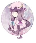  1girl bow crescent hair_bow hat long_hair patchouli_knowledge purple_hair ribbon solo touhou uranaishi_(miraura) violet_eyes 