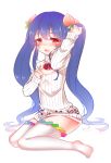  1girl alternate_hairstyle blue_hair blush cleavage_cutout crying crying_with_eyes_open food fruit hair_ornament hinanawi_tenshi looking_at_viewer meisenraku open-chest_sweater open_mouth orange_eyes peach ribbed_sweater simple_background sitting solo streaming_tears sweater tears thigh-highs touhou twintails wariza wavy_mouth white_background white_legwear 