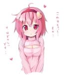  1girl ahoge blush breasts bust cleavage cleavage_cutout headband heart komeiji_satori ominaeshi_(takenoko) open-chest_sweater open_mouth pink_eyes pink_hair short_hair simple_background solo sweater touhou translated turtleneck white_background 