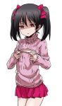  1girl black_hair bow breast_conscious cleavage_cutout flat_chest hair_bow love_live!_school_idol_project open-chest_sweater red_eyes ribbed_sweater shaded_face skirt solo sweater turtleneck twintails yazawa_nico 