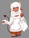  1girl black_legwear cleavage_cutout cowboy_shot cropped_legs dark_skin demon_girl demon_tail flat_chest highres horns long_hair niseoto open-chest_sweater original pointy_ears red_eyes ribbed_sweater shorts sleeves_past_wrists solo sweater tail thigh-highs turtleneck white_hair 