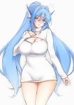  1girl blue_eyes blue_hair blush breasts cleavage cleavage_cutout embarrassed flying_sweatdrops head_fins large_breasts lintanghaseo lips long_hair long_sleeves open-chest_sweater original ribbed_sweater simple_background solo split_ponytail sweater turtleneck very_long_hair 