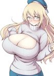  1girl atago_(kantai_collection) beret blonde_hair blush breasts cleavage cleavage_cutout glasses green_eyes hat huge_breasts kantai_collection long_hair open-chest_sweater pas_(paxiti) ribbed_sweater rimless_glasses smile solo sweater turtleneck 