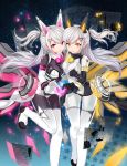  2girls absurdres bodysuit hair_ornament hairclip headgear heart heart_hands heart_hands_duo highres kikimi looking_at_viewer machinery multiple_girls official_art original pink_eyes silver_hair smile souseiki_aster_gate yellow_eyes 