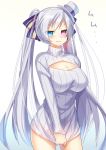  &gt;:| 1girl bow breasts cleavage cleavage_cutout hair_bow hair_ribbon heterochromia long_hair looking_at_viewer nyori open-chest_sweater original ribbed_sweater ribbon silver_hair simple_background solo sweater translation_request turtleneck twintails very_long_hair white_background 