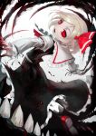  1girl blonde_hair blood darkness hair_ribbon highres juliet_sleeves long_sleeves looking_at_viewer looking_back open_mouth outstretched_arms puffy_sleeves red_eyes ribbon rumia shirt skirt skirt_set smile solo spark621 touhou vest 