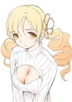  1girl blush breasts bust cleavage cleavage_cutout drill_hair hair_ornament jiji long_hair looking_at_viewer mahou_shoujo_madoka_magica open-chest_sweater ribbed_sweater simple_background sketch solo sweater tomoe_mami turtleneck twin_drills white_background yellow_eyes 